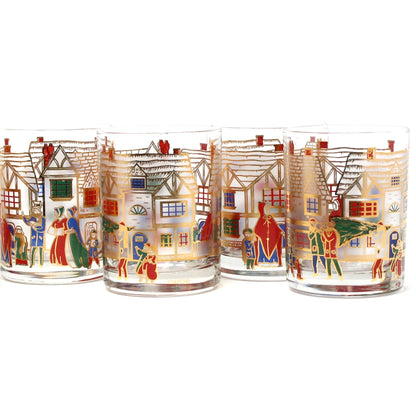 Glasses, Whiskey / Rocks, Culver, Victorian Christmas Cottages Scene, Set of 7, Vintage, SOLD