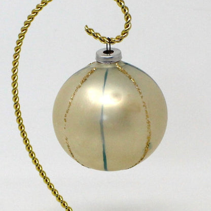 Ornaments, Glass Ball, Pearl White, Blue & Gold Glitter Stripes, Hand Painted, 2.5", Vintage Christmas