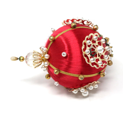 Ornaments, Satin Beaded Ball, Red, Gold & White, Hand Made, Vintage