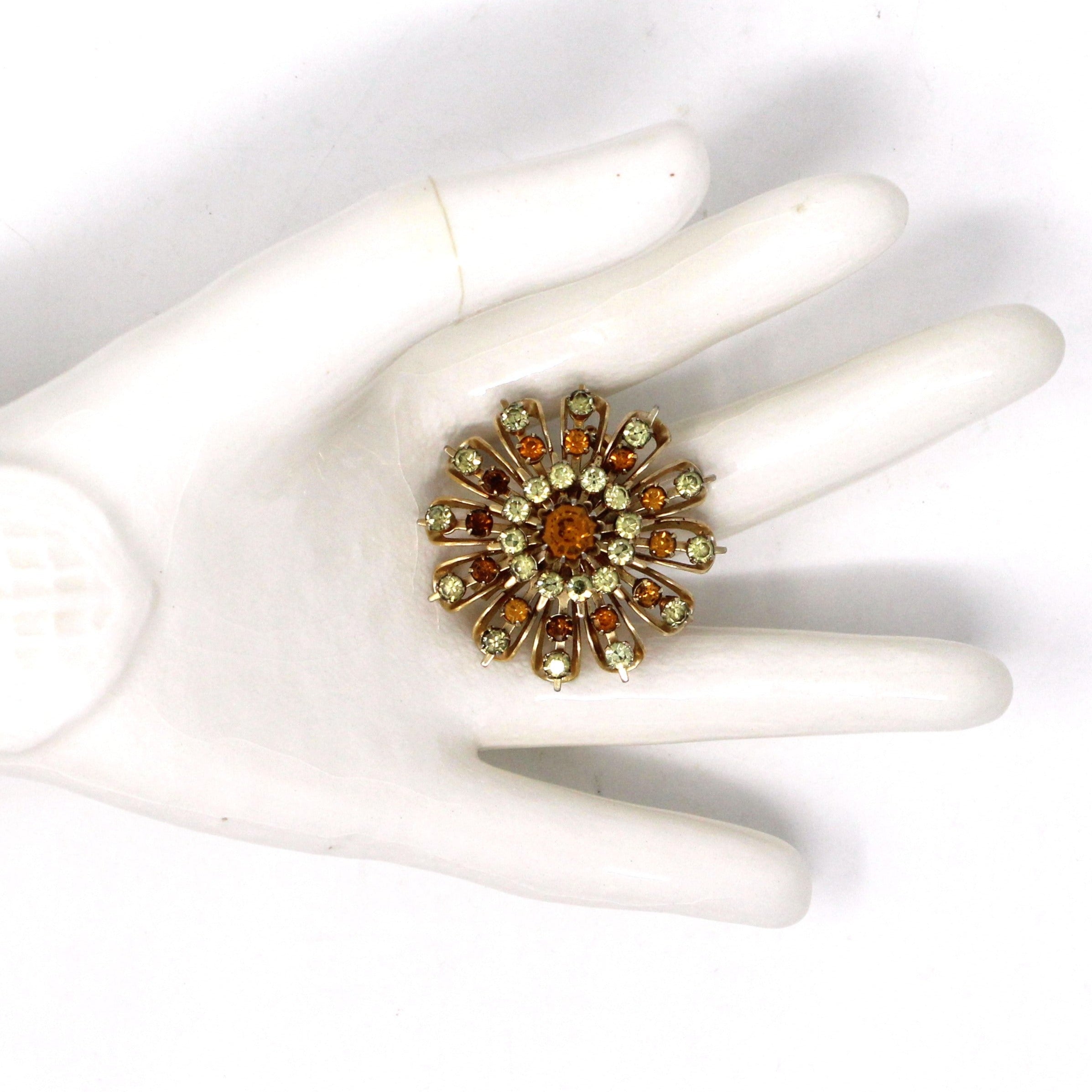 Celestial popular Brooch Citrine color Rhinestones Marquise and Round-cut with Hand set Metal Prongs Gold Patina 1 1/2 Inches Wide 2 1/4 Inches Long