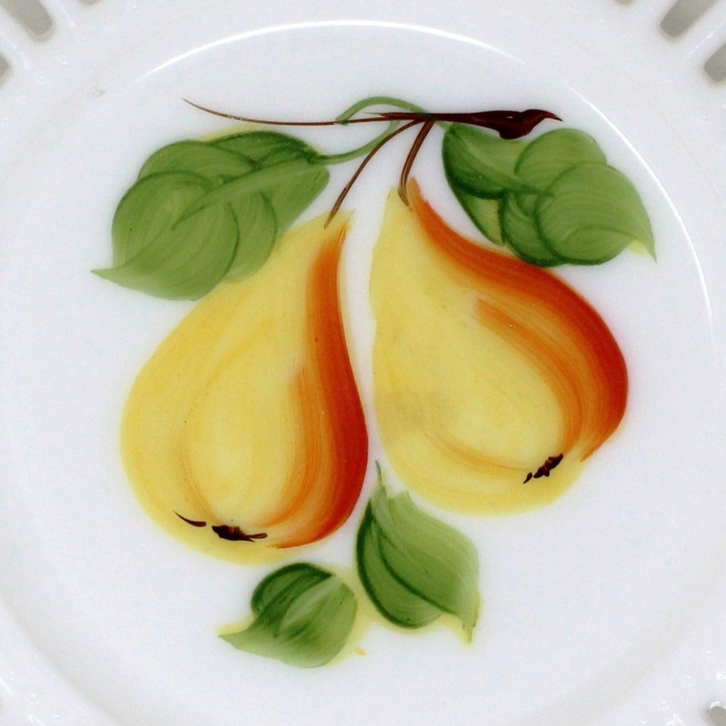 Decorative Plate, Kemple, Hand Painted Pears, Reticulated, Milk Glass, Vintage