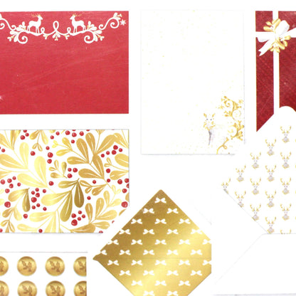 Greeting Card / Christmas, Red, White & Gold Reindeers & Holly,  Set of 20 w/envelopes