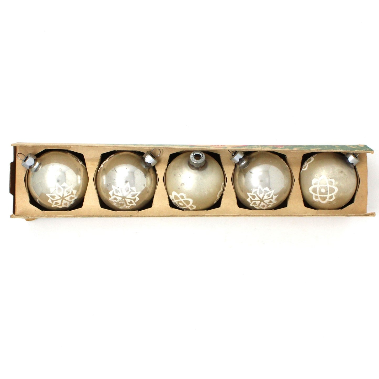 Ornaments, Glass Ball, Shiny Brite, Silver Glass Ball, Atomic Age White Mica Stencil, Set of 5 in Original Tray Box, Vintage