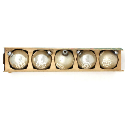 Ornaments, Glass Ball, Shiny Brite, Silver Glass Ball, Atomic Age White Mica Stencil, Set of 5 in Original Tray Box, Vintage