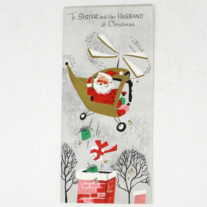 Greeting Card / Christmas Card, Sister & Husband, Santa in Helicopter, Gilded, Unused with Envelope, Original Stanley, Vintage