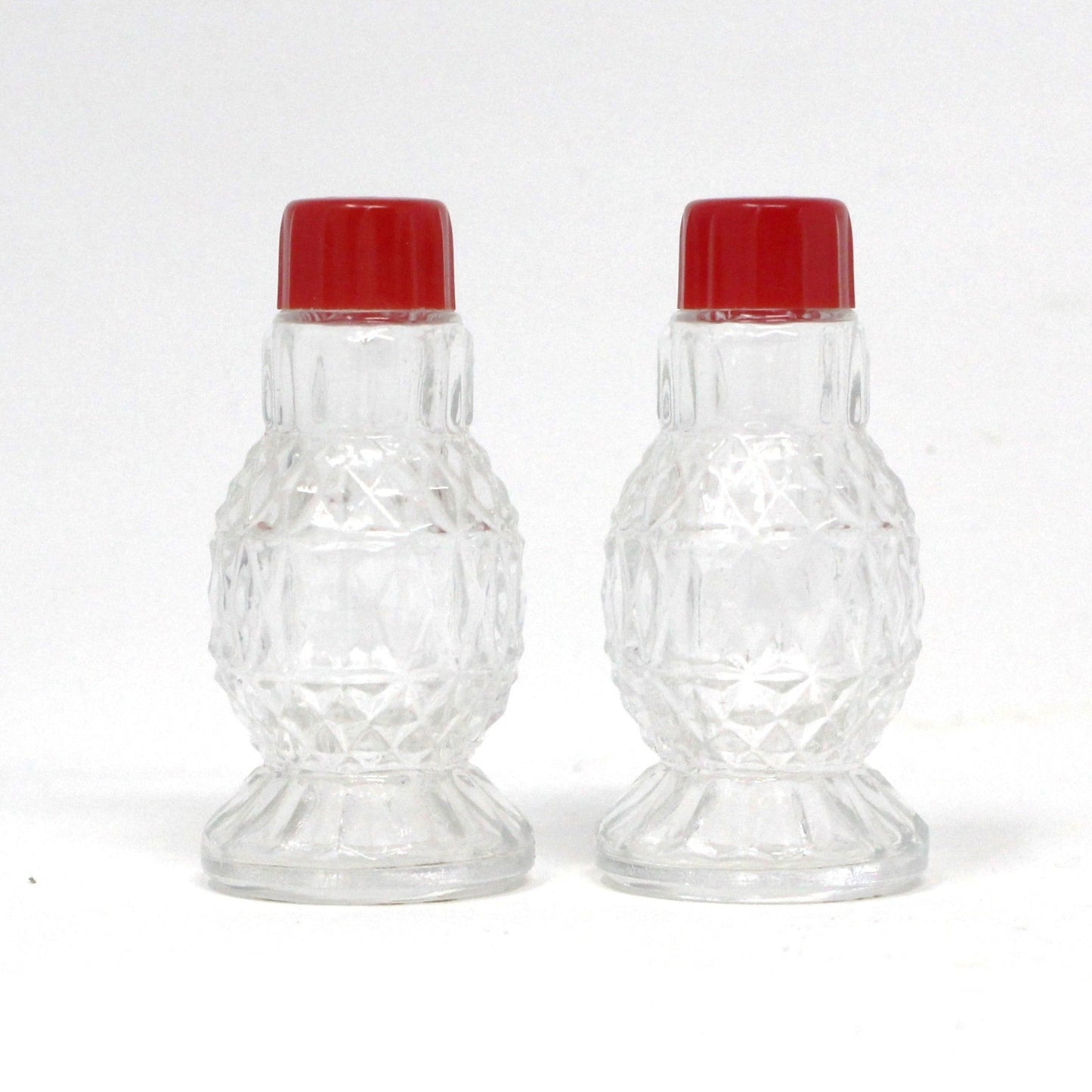 Salt and Pepper Shakers, Pressed Glass with Red Bakelite Tops, Vintage