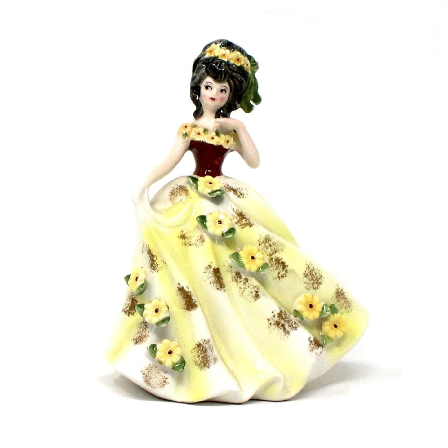 Figurine, Lefton, Designed By Marika, Mathilde, Girl in Yellow Dress with Flowers, Vintage, SOLD