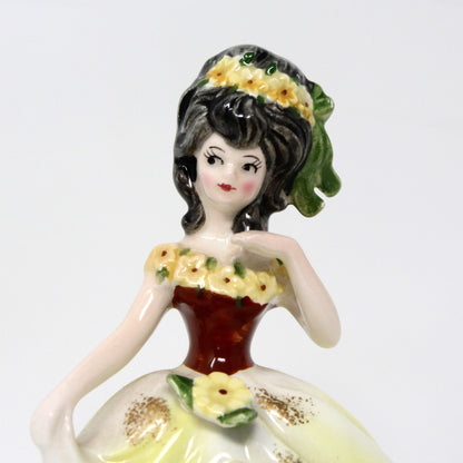 Figurine, Lefton, Designed By Marika, Mathilde, Girl in Yellow Dress with Flowers, Vintage, SOLD