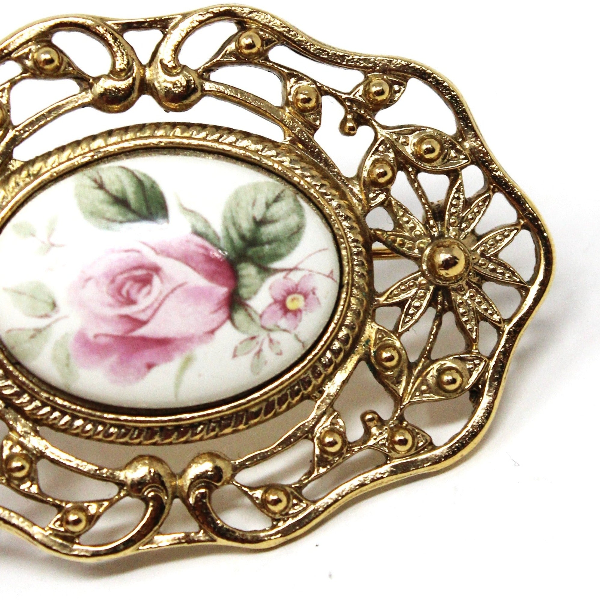 1928 Jewelry Co Porcelain Roses Collection store GoldTone Filigree Brooch 2 Pink Roses