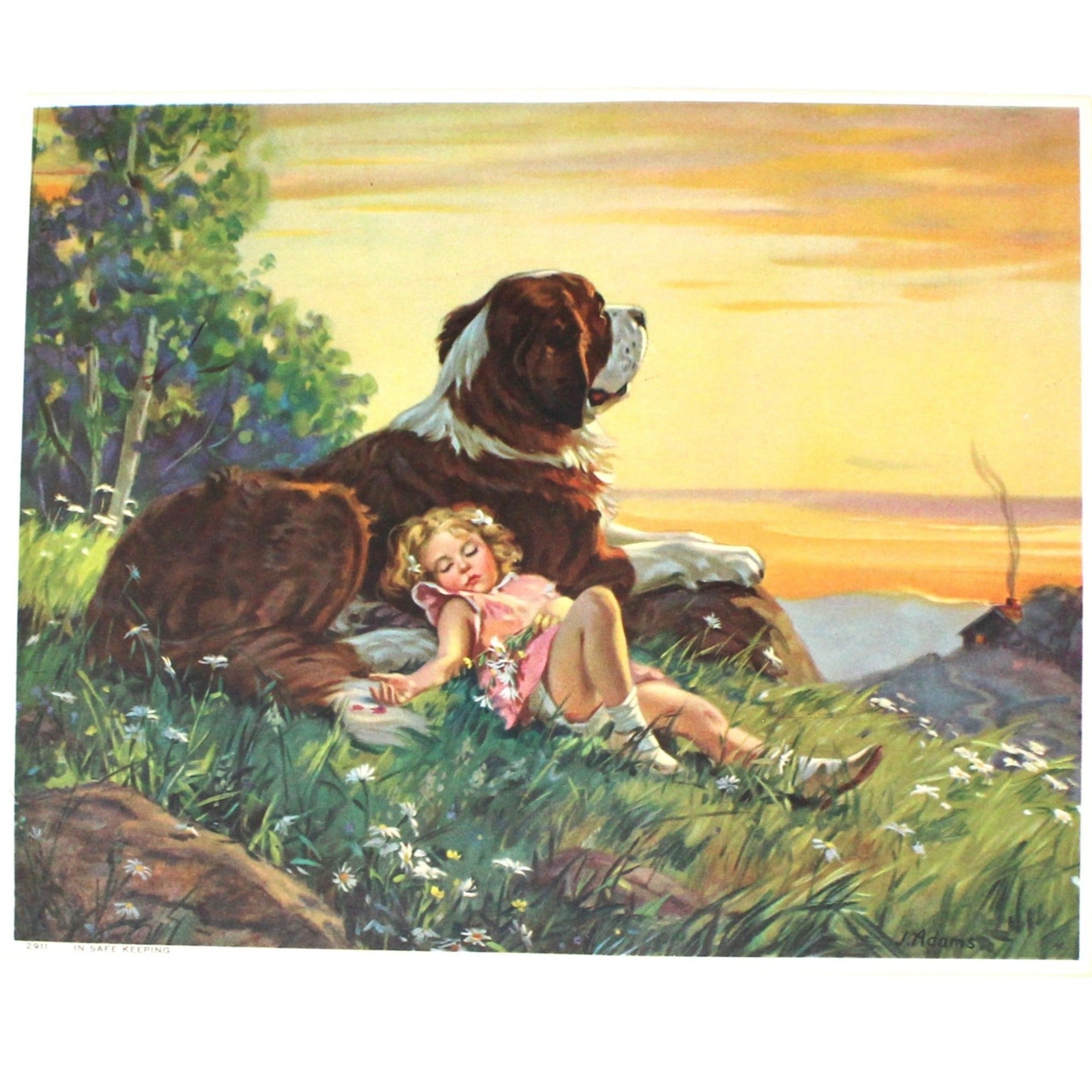 GUARDING ANTIQUE CHROMOLITHOGRAPH Little Girl Sleeping With St. Bernard Watching Over Her Black Wood Frame 12 1/2