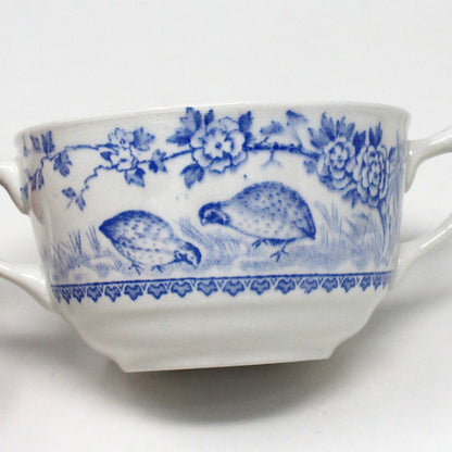 Soup Bowls, Cream Soup, Furnivals, Quail Blue Ironstone Transferware, Antique