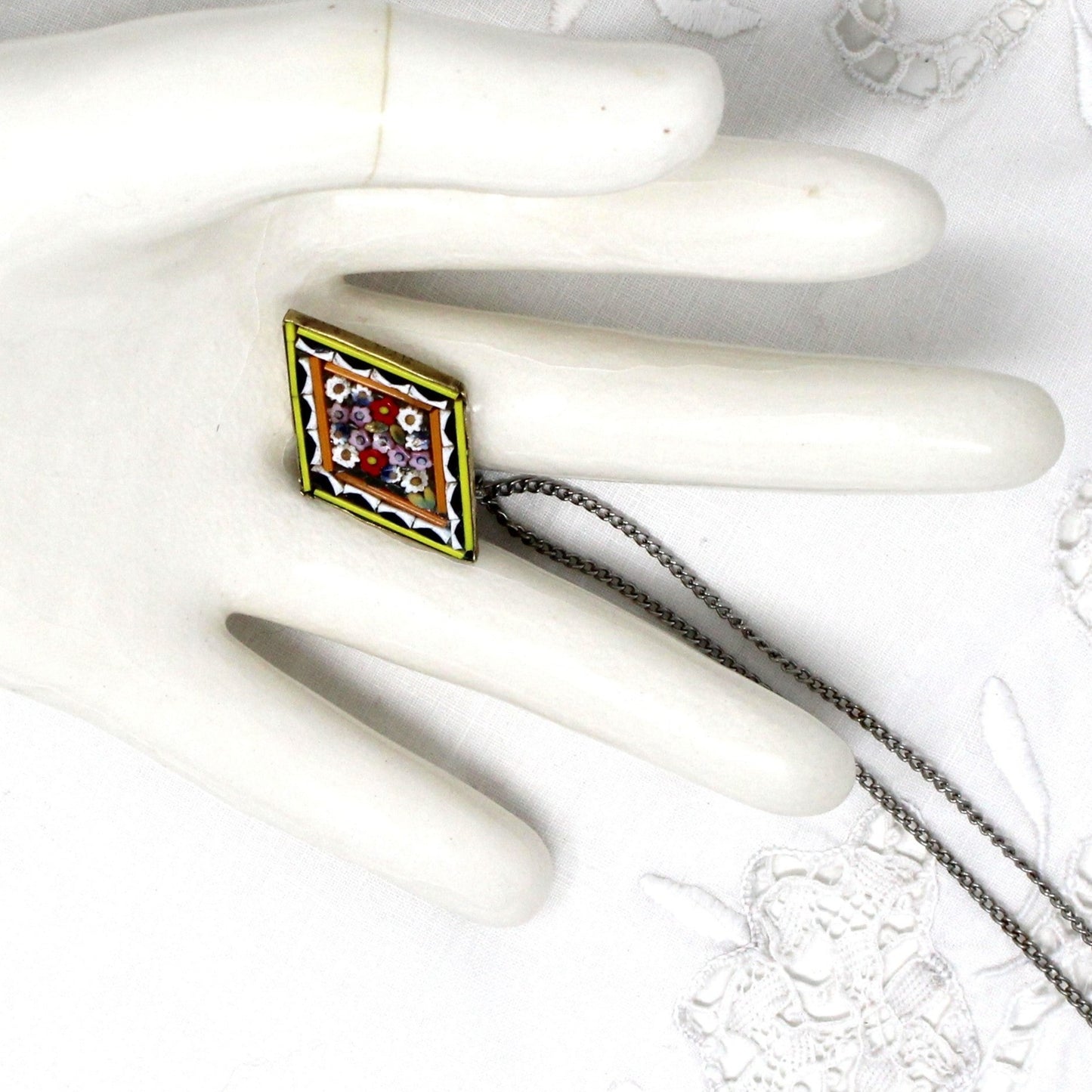 Pendant, Italian Micro Mosaic Flowers, Diamond Shaped with Brass Backing, Vintage