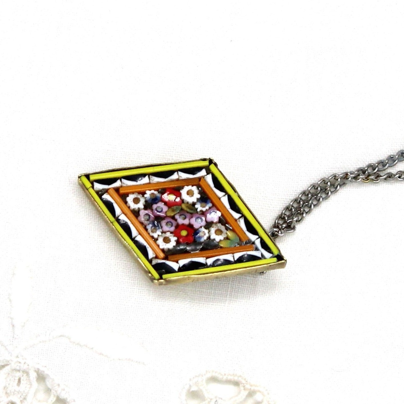 Pendant, Italian Micro Mosaic Flowers, Diamond Shaped with Brass Backing, Vintage