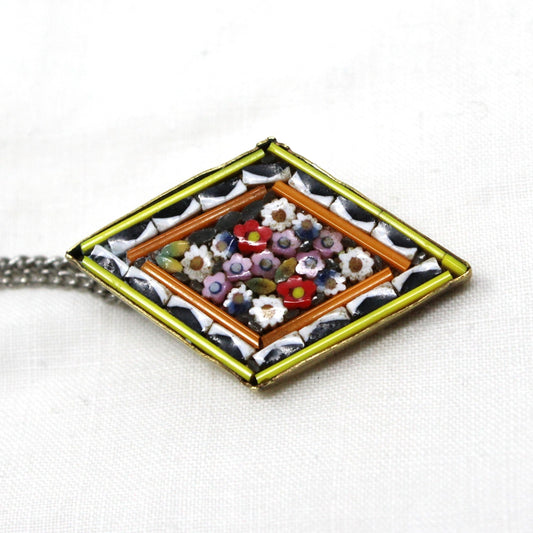 Pendant, Italian Micro Mosaic Flowers, Diamond Shaped with Brass Backing, Vintage