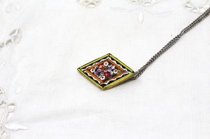 Pendant, Italian Micro Mosaic Flowers, Diamond Shaped with Brass Backing, Vintage