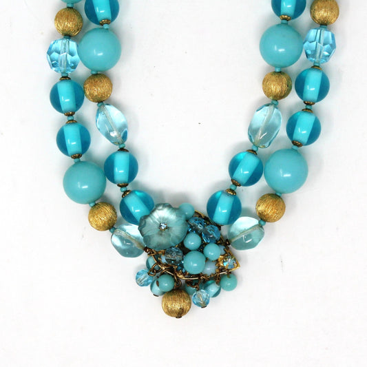 Necklace, DeMario, Double Strand Aqua Blue and Gold Beaded Necklace, Vintage