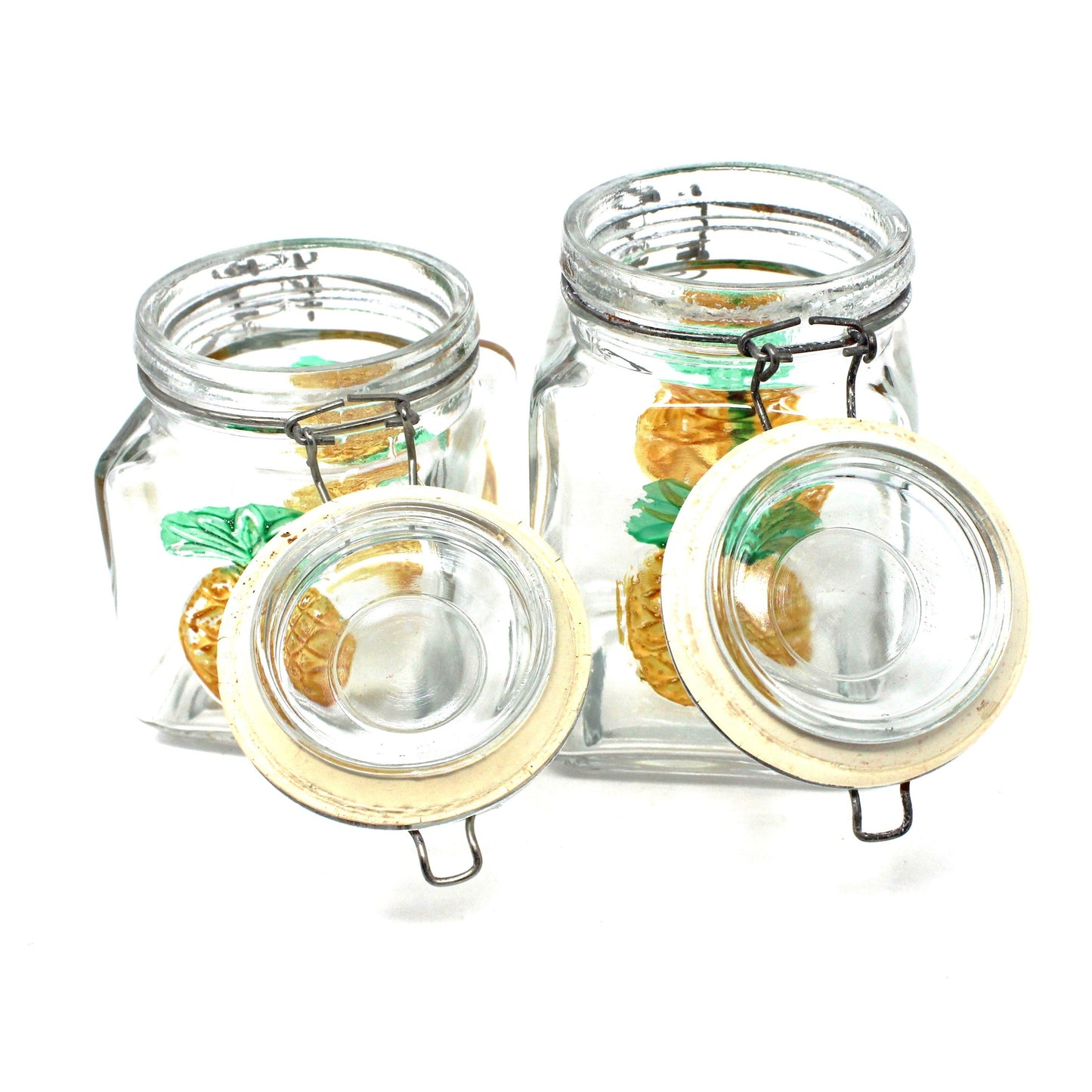 Canisters, Glass Jars with Embossed Hand Painted Pineapple. Wire Clasp Bail Lid, Set of 2, Vintage