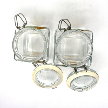 Canisters, Glass Jars with Embossed Hand Painted Pineapple. Wire Clasp Bail Lid, Set of 2, Vintage