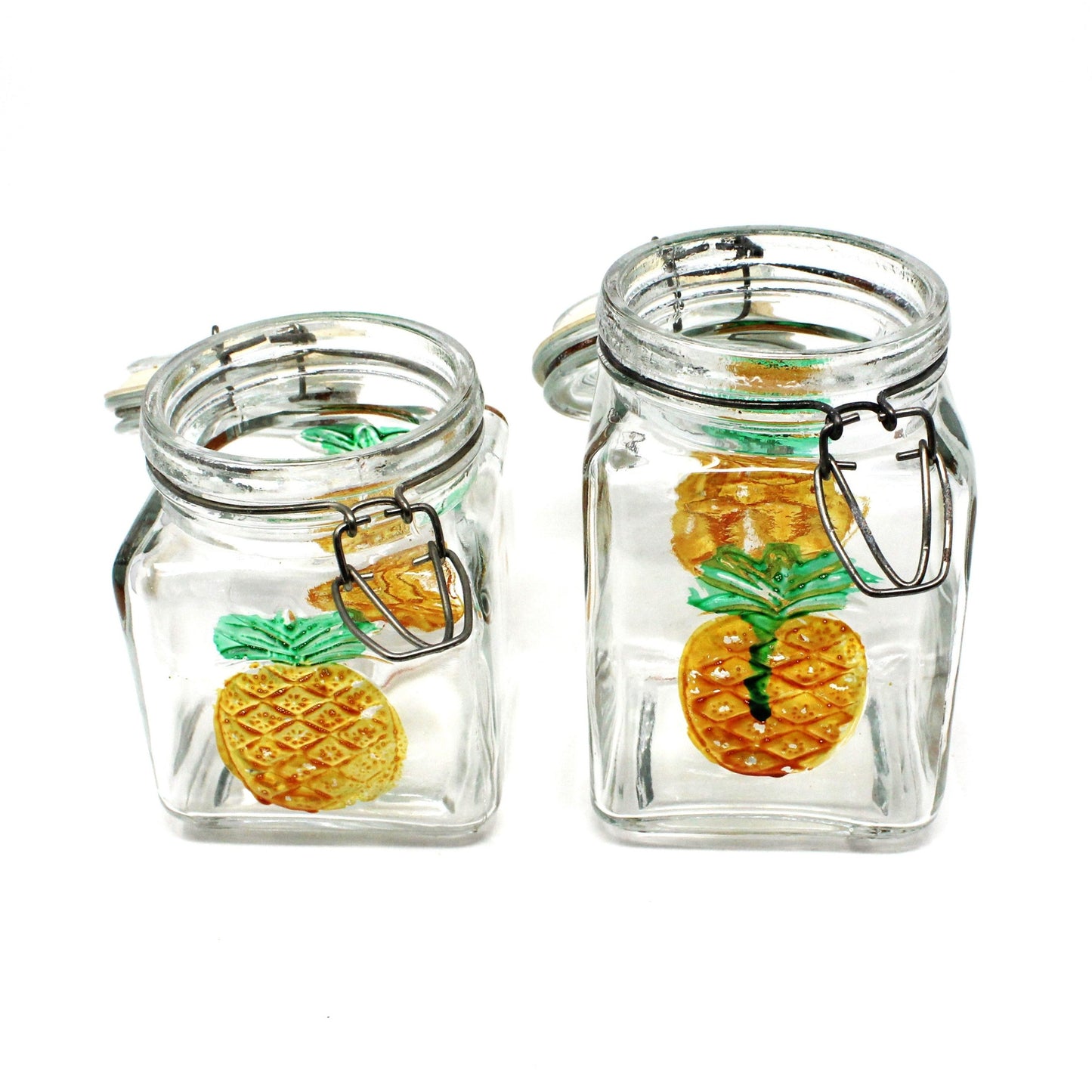 Canisters, Glass Jars with Embossed Hand Painted Pineapple. Wire Clasp Bail Lid, Set of 2, Vintage