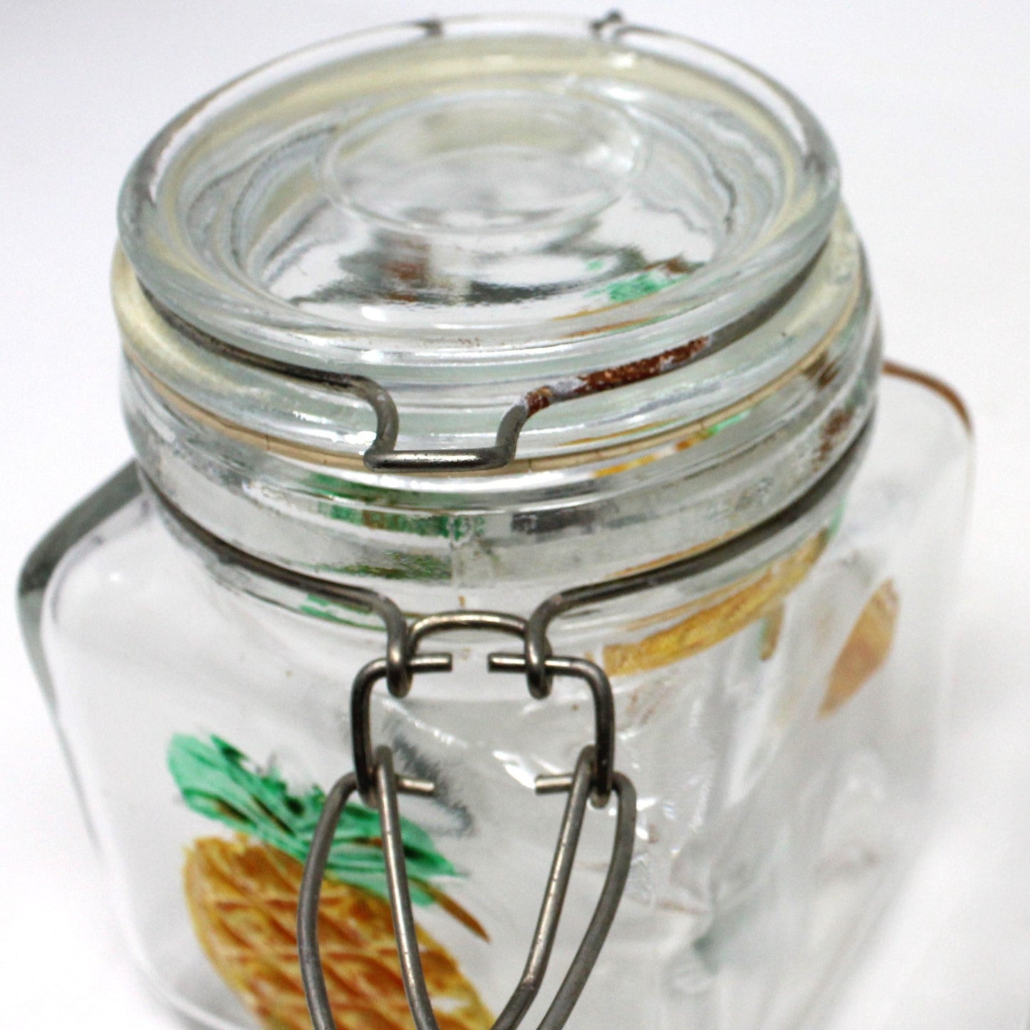 Canisters, Glass Jars with Embossed Hand Painted Pineapple. Wire Clasp Bail Lid, Set of 2, Vintage