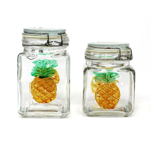 Canisters, Glass Jars with Embossed Hand Painted Pineapple. Wire Clasp Bail Lid, Set of 2, Vintage