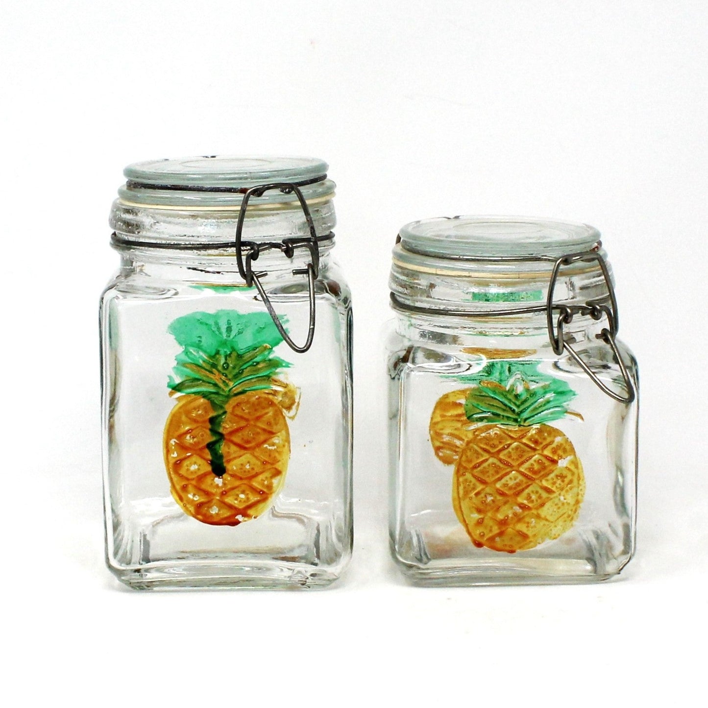 Canisters, Glass Jars with Embossed Hand Painted Pineapple. Wire Clasp Bail Lid, Set of 2, Vintage