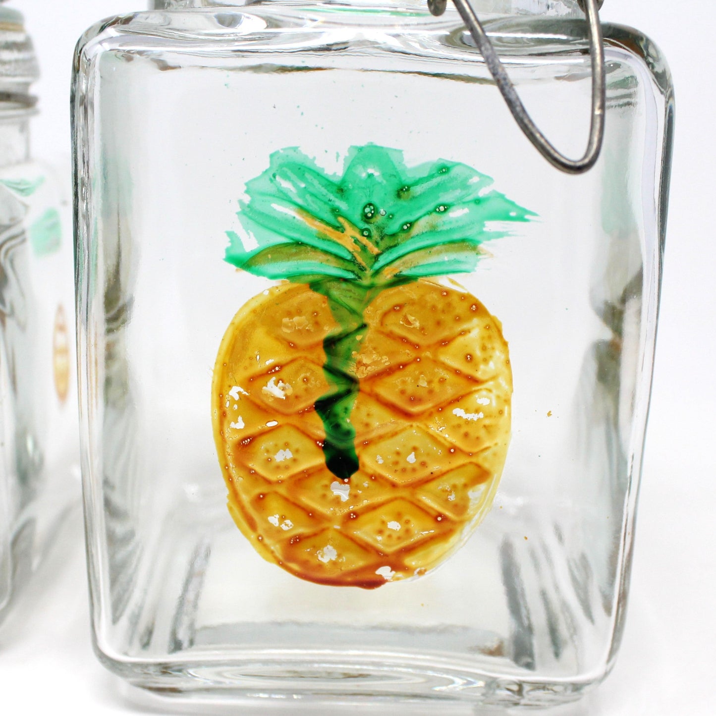 Canisters, Glass Jars with Embossed Hand Painted Pineapple. Wire Clasp Bail Lid, Set of 2, Vintage