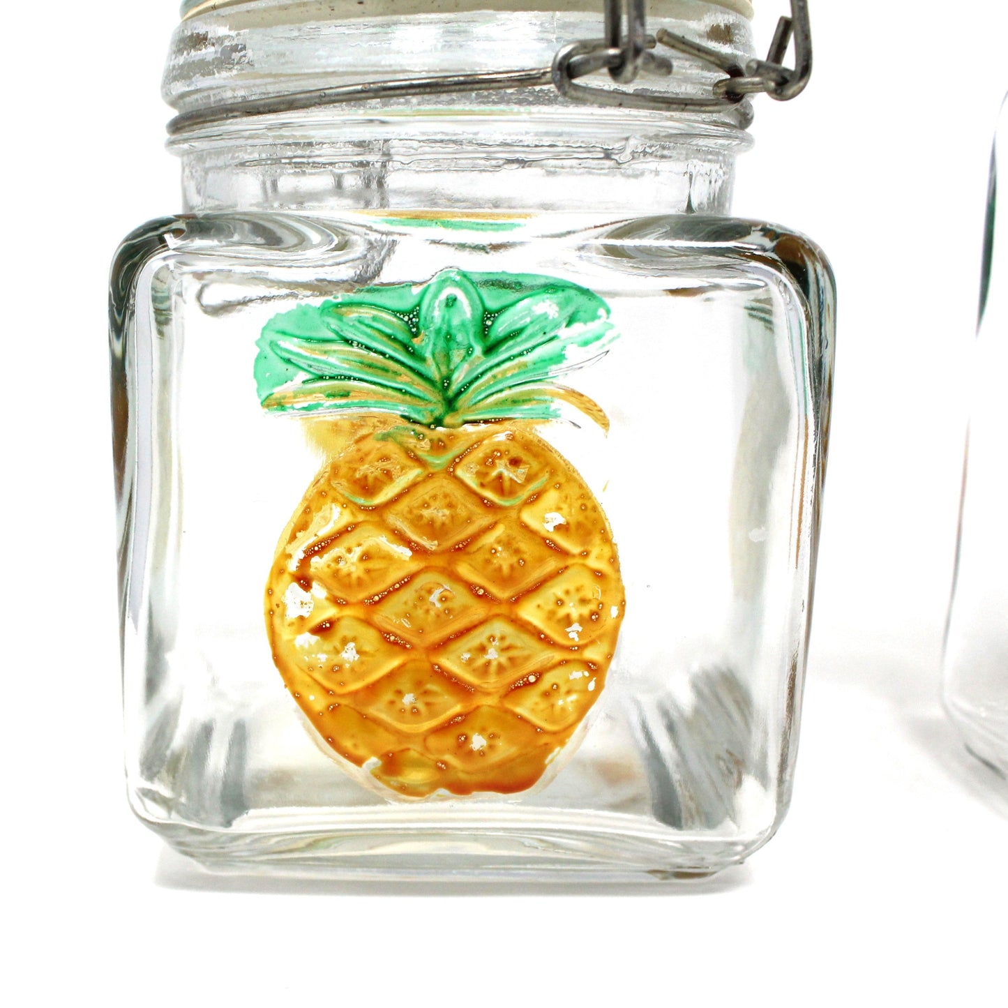 Canisters, Glass Jars with Embossed Hand Painted Pineapple. Wire Clasp Bail Lid, Set of 2, Vintage