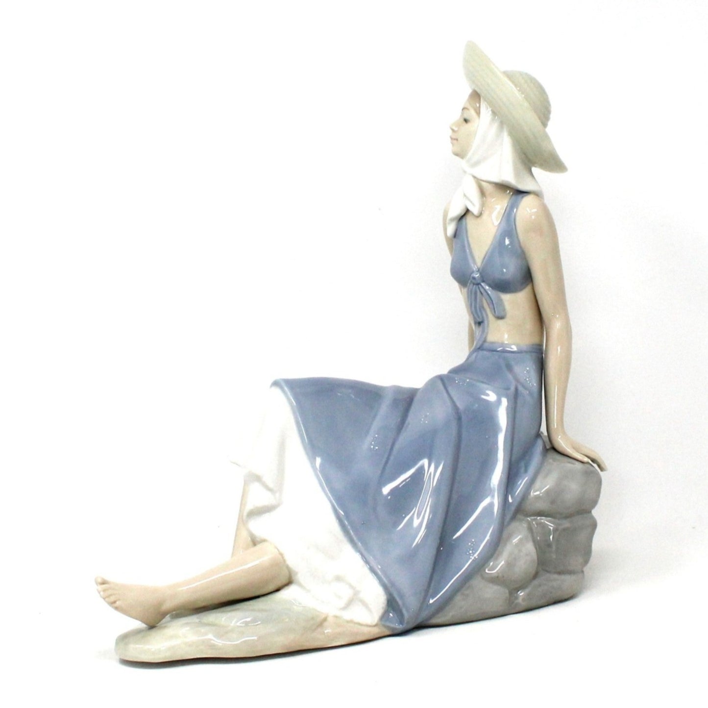 Sculpture, Nao / Lladro, Lady in Sunhat Sitting on Rock Wall, Retired NAO Figurine, Vintage