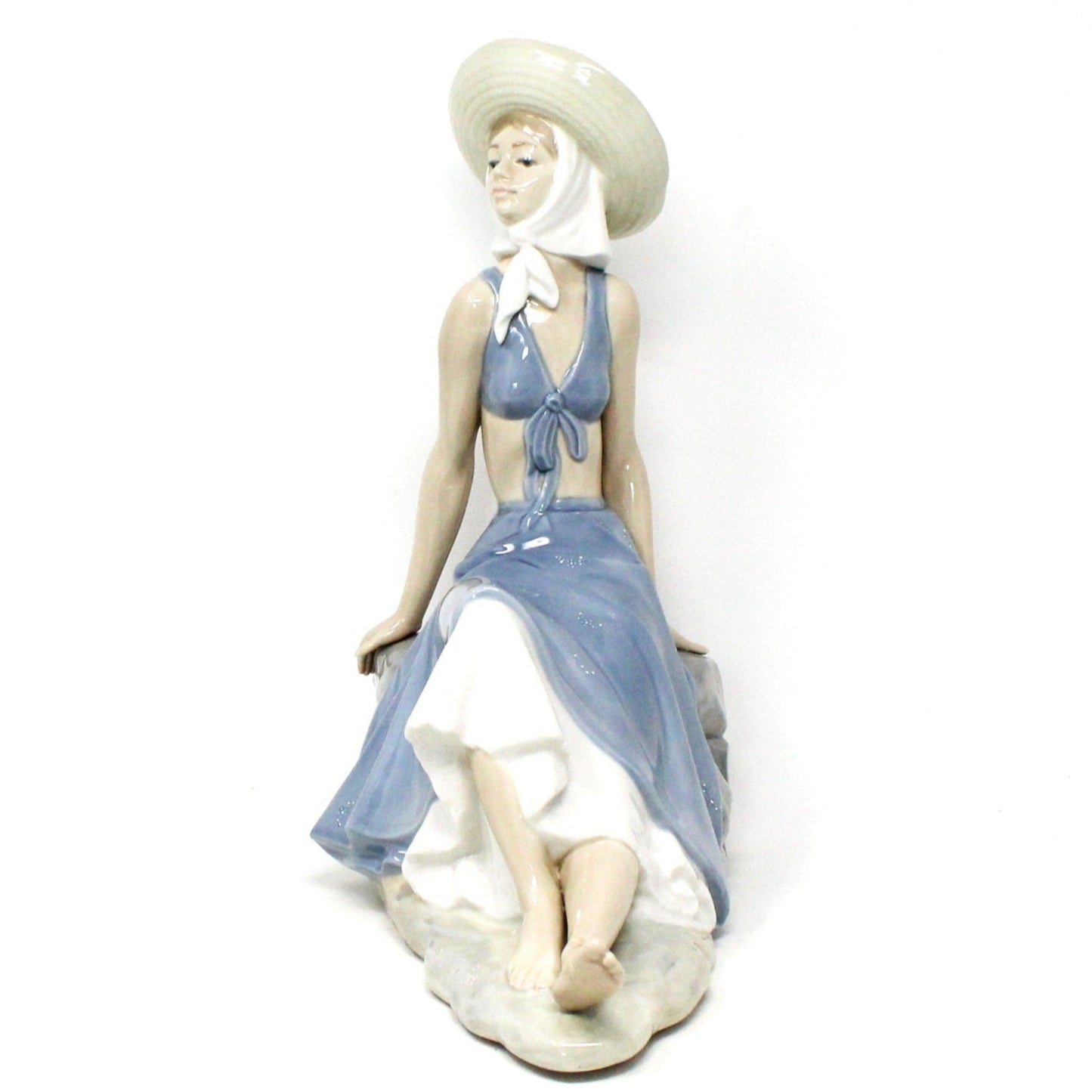 Sculpture, Nao / Lladro, Lady in Sunhat Sitting on Rock Wall, Retired NAO Figurine, Vintage