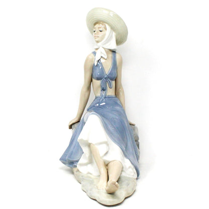 Sculpture, Nao / Lladro, Lady in Sunhat Sitting on Rock Wall, Retired NAO Figurine, Vintage