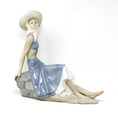 Sculpture, Nao / Lladro, Lady in Sunhat Sitting on Rock Wall, Retired NAO Figurine, Vintage