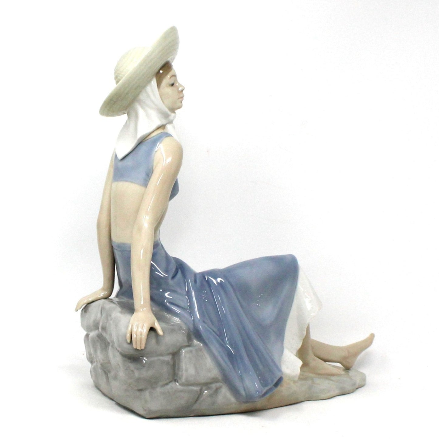 Sculpture, Nao / Lladro, Lady in Sunhat Sitting on Rock Wall, Retired NAO Figurine, Vintage