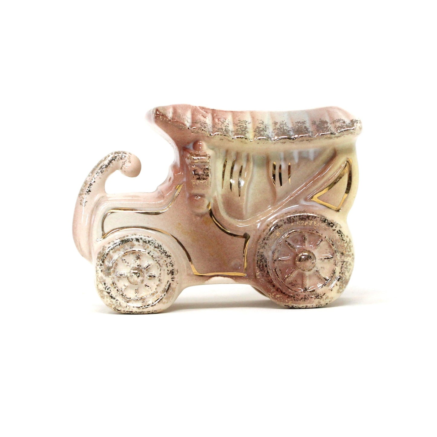 Planter, Antique Car with Curtains, Pink with Gold, G686, Vintage