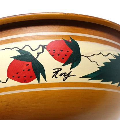 Bowl, Burkart Brothers Yankee Peddler Tinware Line, Strawberries Hand Painted Pedestal Fruit Bowl, Vintage