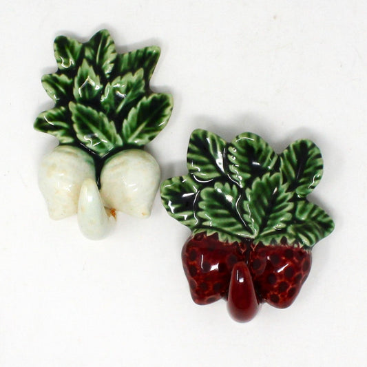 Hooks, Strawberry & Onions Wall Hooks, Set of 2, Ceramic, Vintage