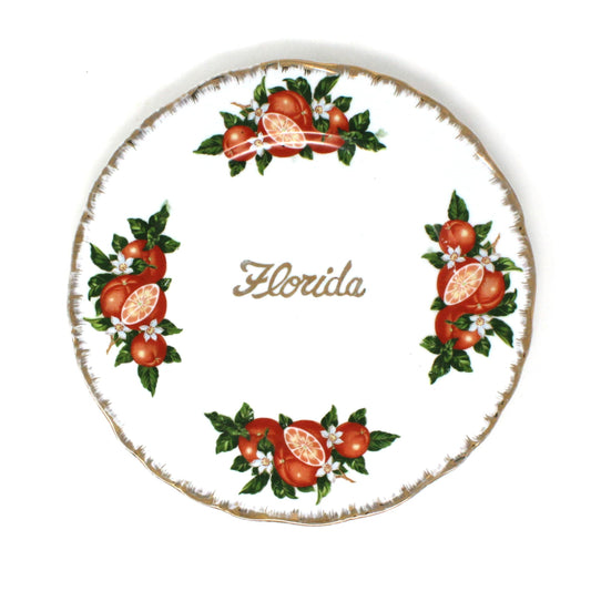 Decorative Plate, Florida Oranges Souvenir State Plate, Brushed Gold, Vintage