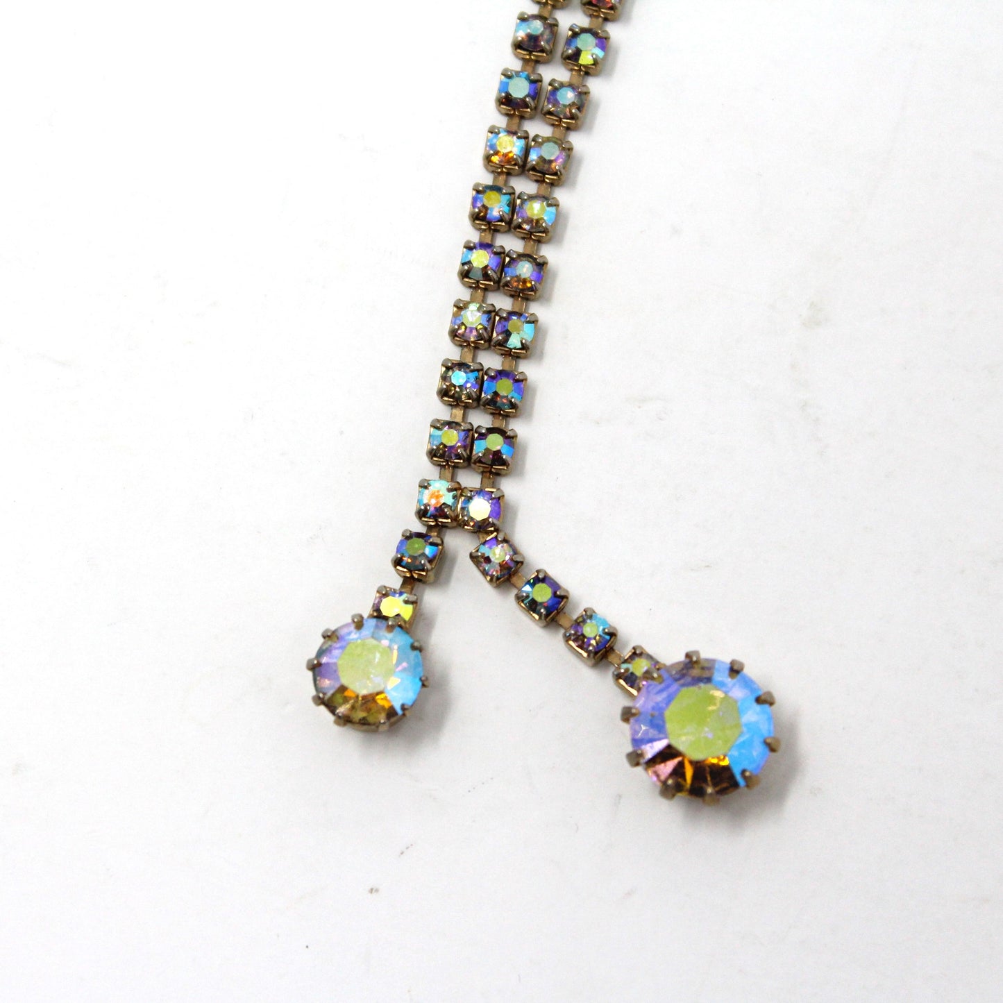 Necklace, Aurora Borealis Rhinestones, Double Dangle Necklace, Vintage