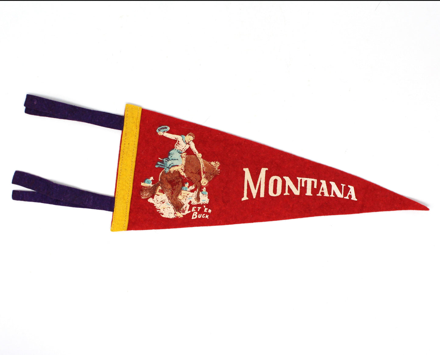 Pennant, Montana Souvenir Collectible, Vintage 11.5", Bronco Cowboy Let 'Em Buck, Vintage