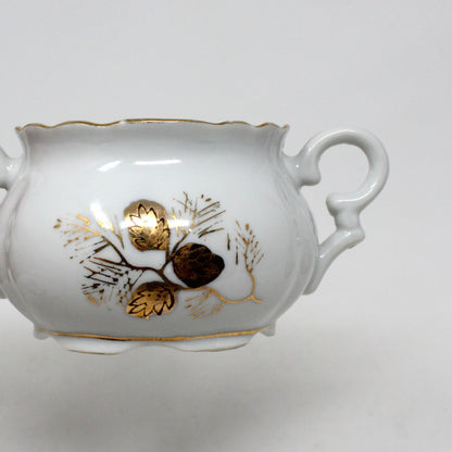 Creamer & Sugar with Lid, Golden Pinecones & Needles, Hand Painted Gold, Japan, Vintage