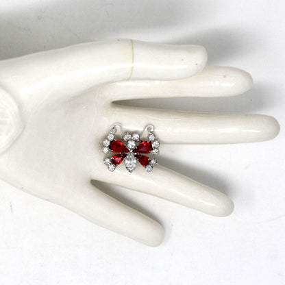 Brooch / Pin, Figural Butterfly, B. David, Red & Clear Rhinestones, Silver Tone, Vintage