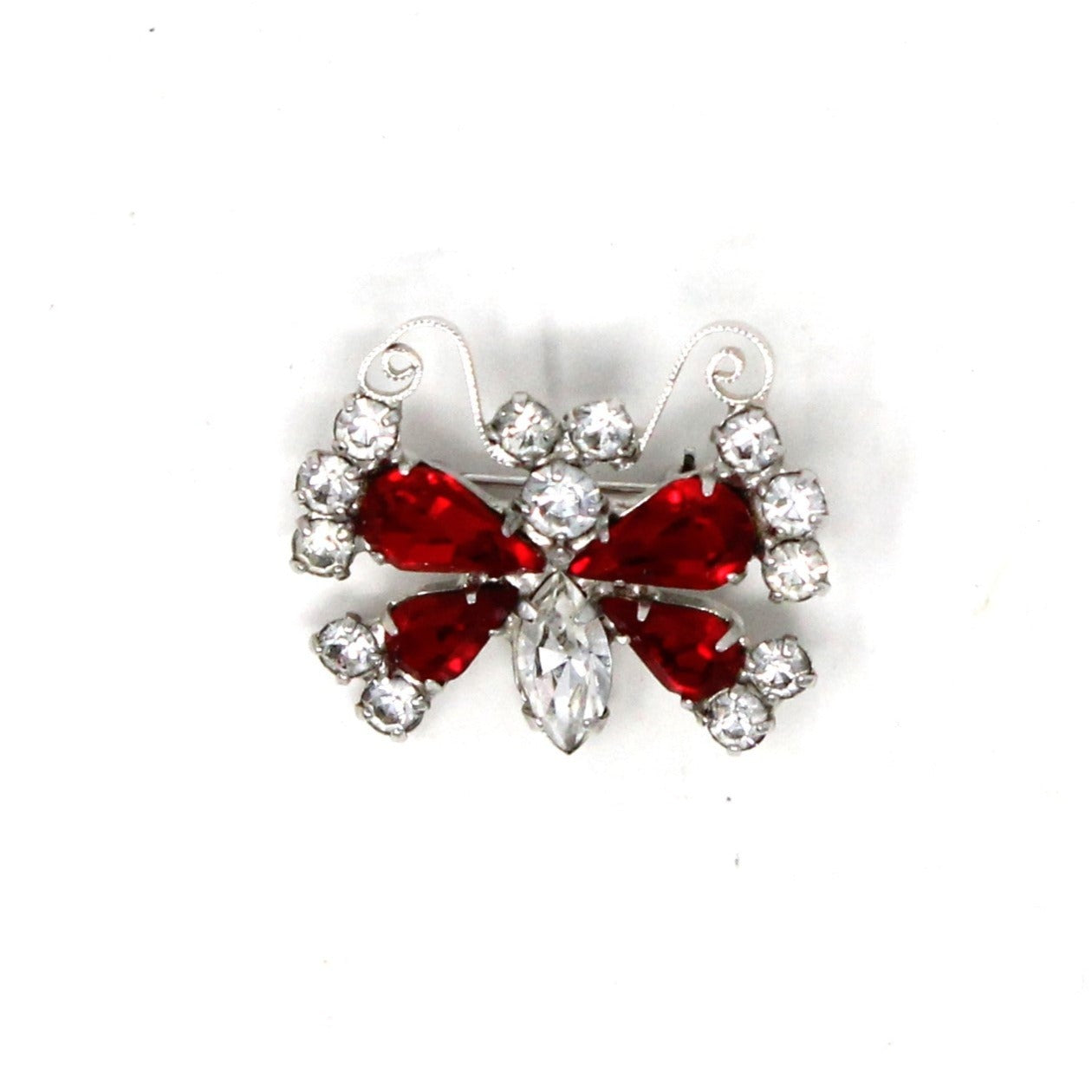 Brooch / Pin, Figural Butterfly, B. David, Red & Clear Rhinestones, Silver Tone, Vintage