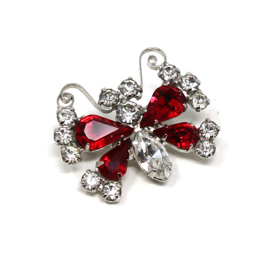 Brooch / Pin, Figural Butterfly, B. David, Red & Clear Rhinestones, Silver Tone, Vintage