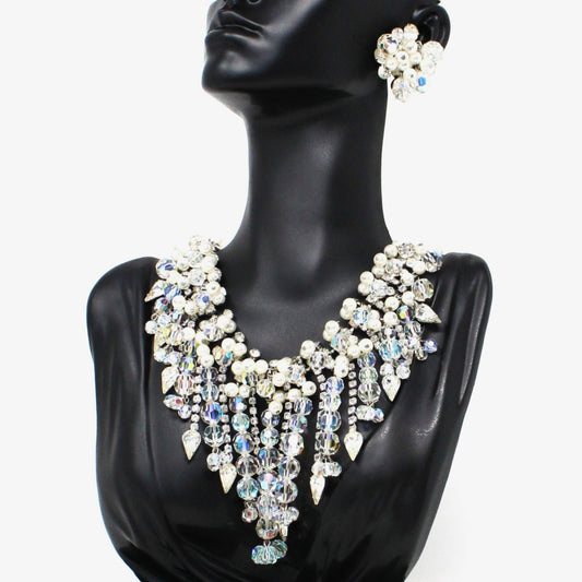 Necklace and Earrings Set, D&E Juliana, Waterfall Bib Necklace, Faceted Crystals & Pearls, Vintage