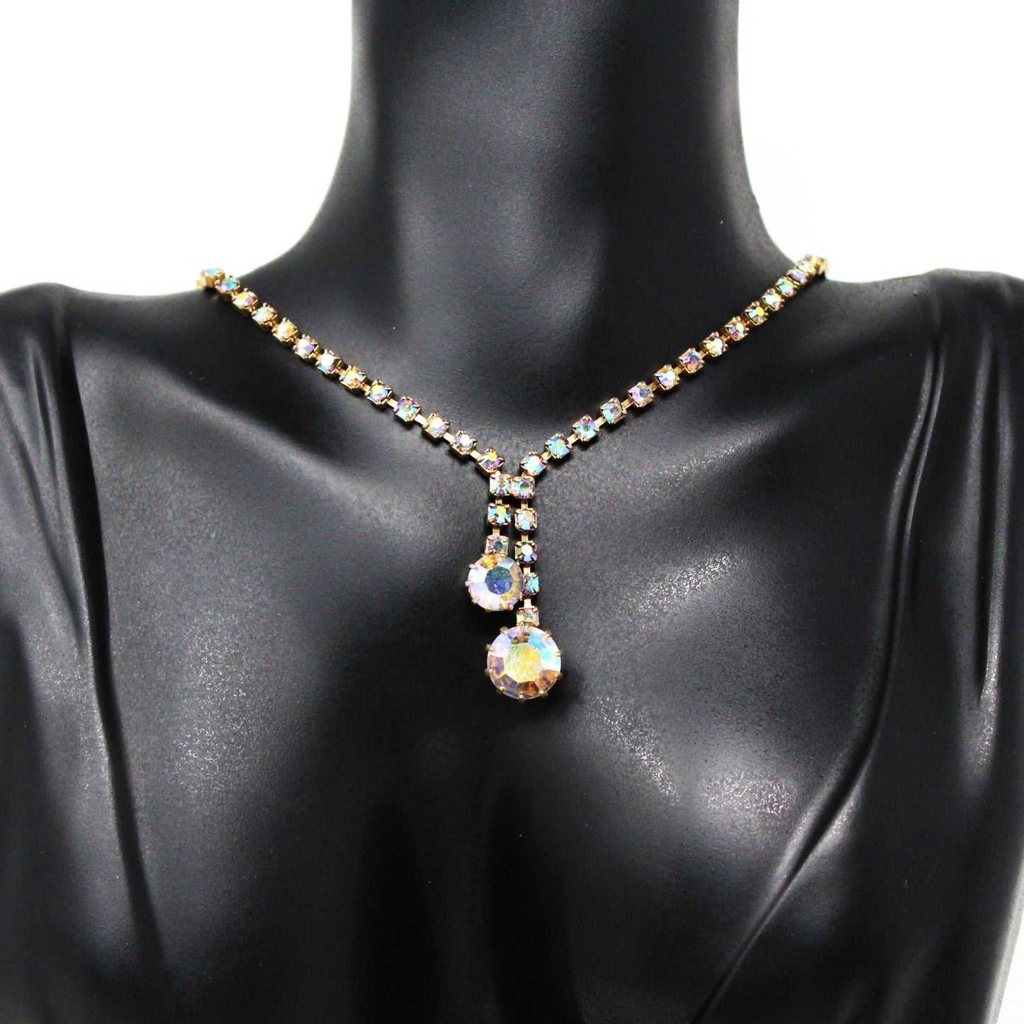 Necklace, Aurora Borealis Rhinestones, Double Dangle Necklace, Vintage