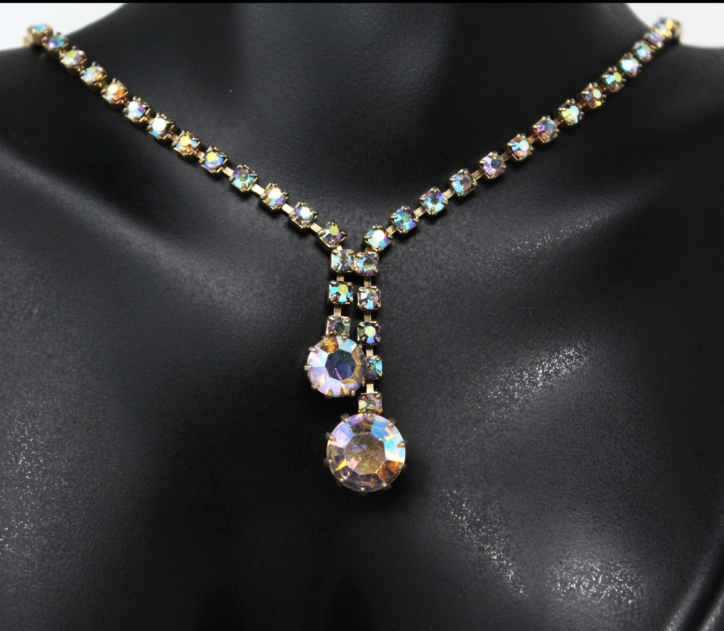 Necklace, Aurora Borealis Rhinestones, Double Dangle Necklace, Vintage