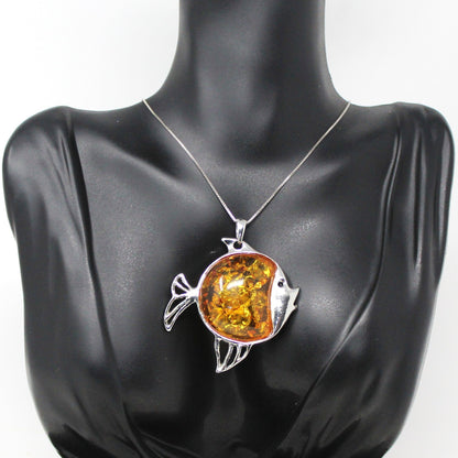 Pendant Necklace, Figural Fish Pendant on Sterling Silver Chain, Amber Stone, Vintage