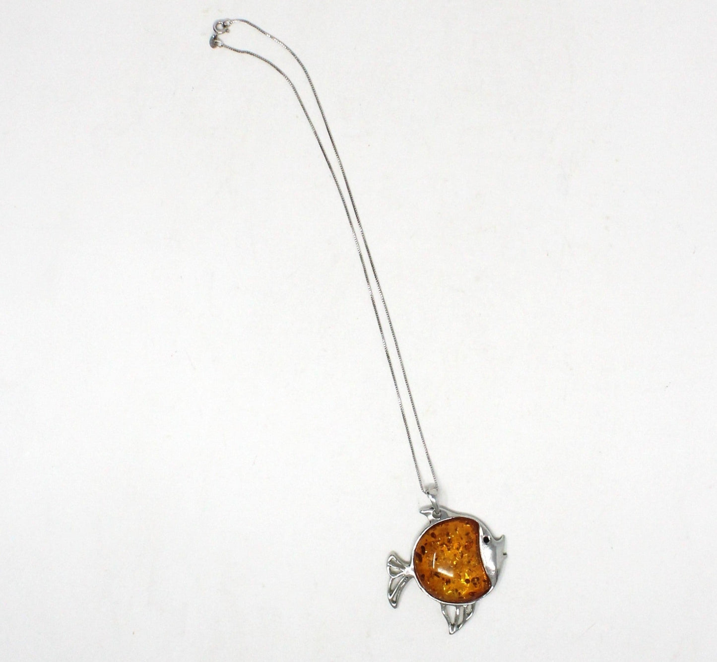 Pendant Necklace, Figural Fish Pendant on Sterling Silver Chain, Amber Stone, Vintage