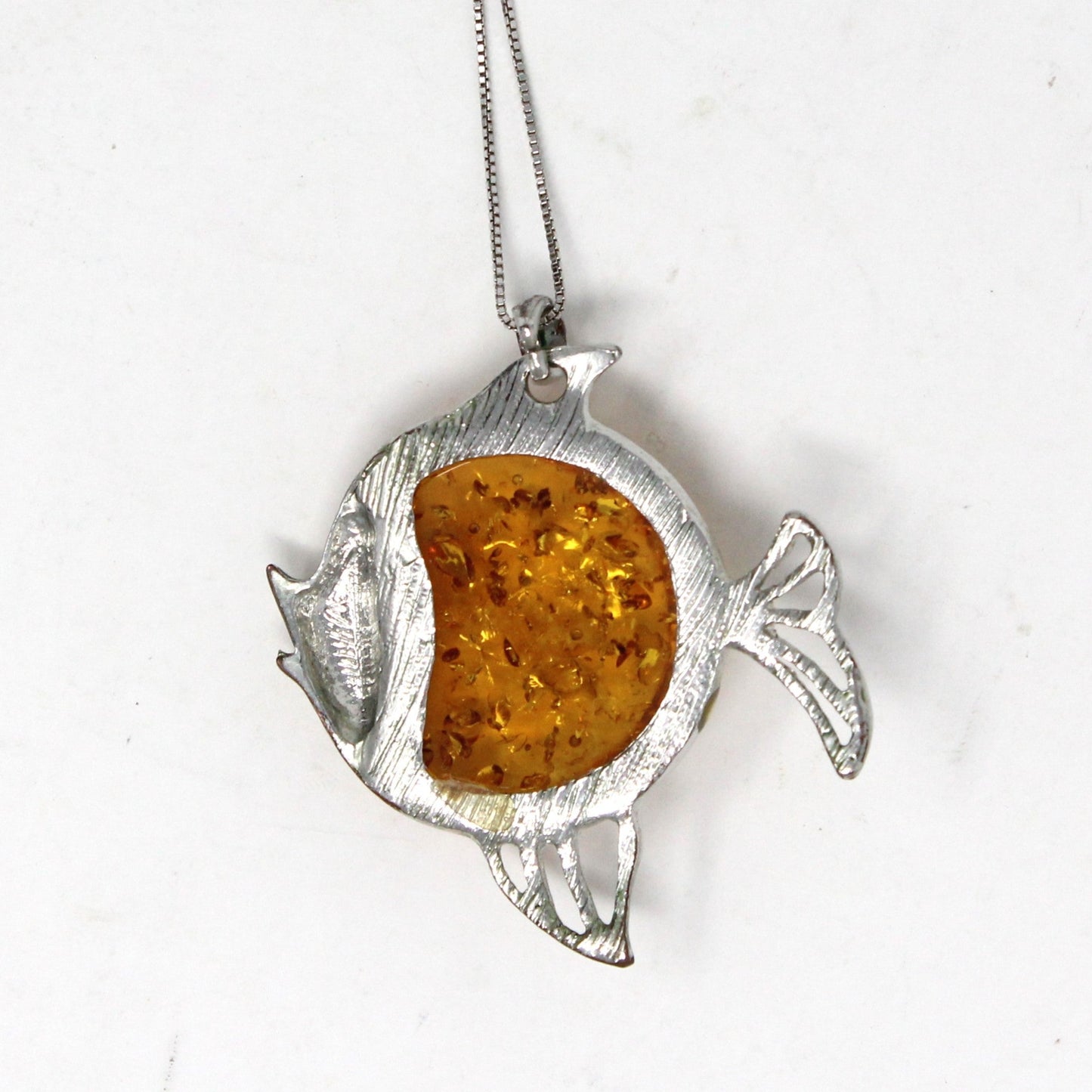 Pendant Necklace, Figural Fish Pendant on Sterling Silver Chain, Amber Stone, Vintage