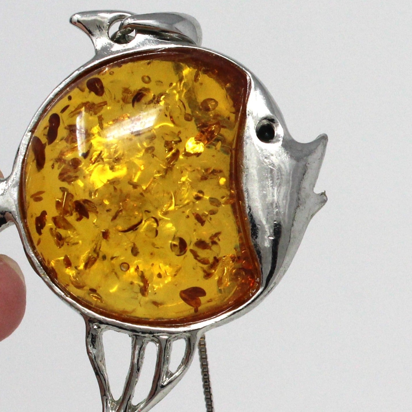 Pendant Necklace, Figural Fish Pendant on Sterling Silver Chain, Amber Stone, Vintage